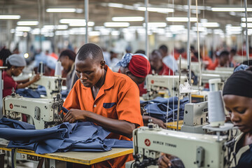 Industrial size textile factory in Africa, African workers on the production line 