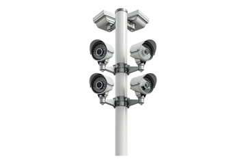 CCTV camera on pole in a tech setting isolated on white background