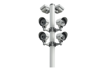 CCTV camera on pole in a tech setting isolated on white background