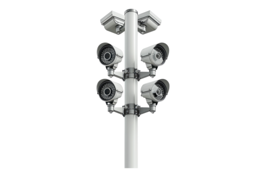 CCTV camera on pole in a tech setting isolated on white background