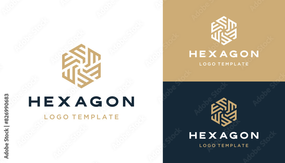 Poster rotating initial letter e m w with golden hexagon shape geometric line logo design