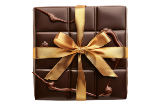 Chocolate gift box with golden ribbon isolated on white background