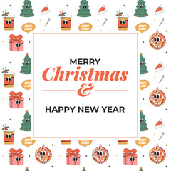 Merry Christmas and Happy New year greeting card template. Playful and cheeky characters in trendy groovy style. Vector illustration