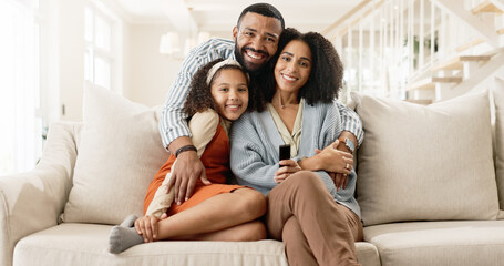 Mom, dad and girl on couch for portrait with love or care, relax and family bonding for memory or...