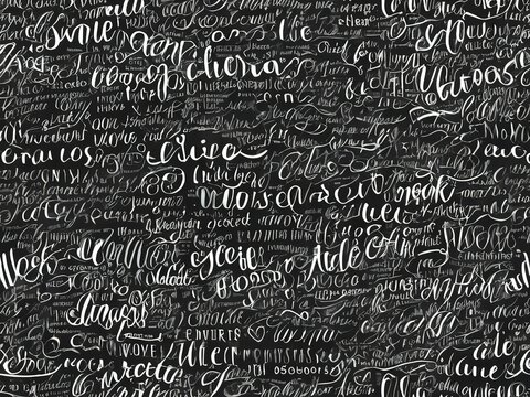 Seamless pattern of handwritten hearts and artistic letters with black background. Illustration of textiles