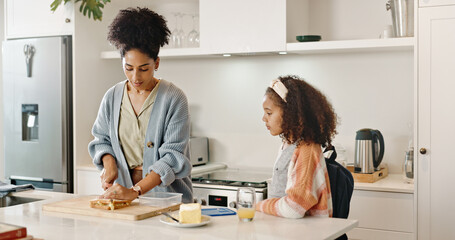Mother, child and school lunch or sandwich in home cooking or preparing food in morning, nutrition...