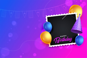 happy birthday party greeting banner with empty photograph cover frame