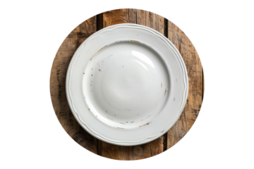 Empty white plate on rustic wood isolated on white background