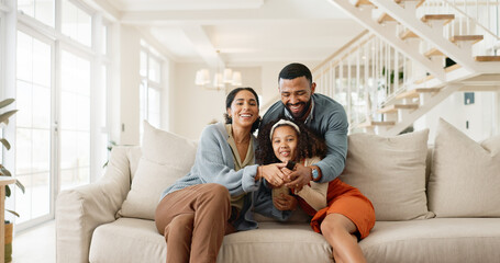 Happy, family and portrait on sofa at home with smile, living room and bonding together with love....