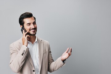man hold business smile smartphone suit phone call confident portrait happy