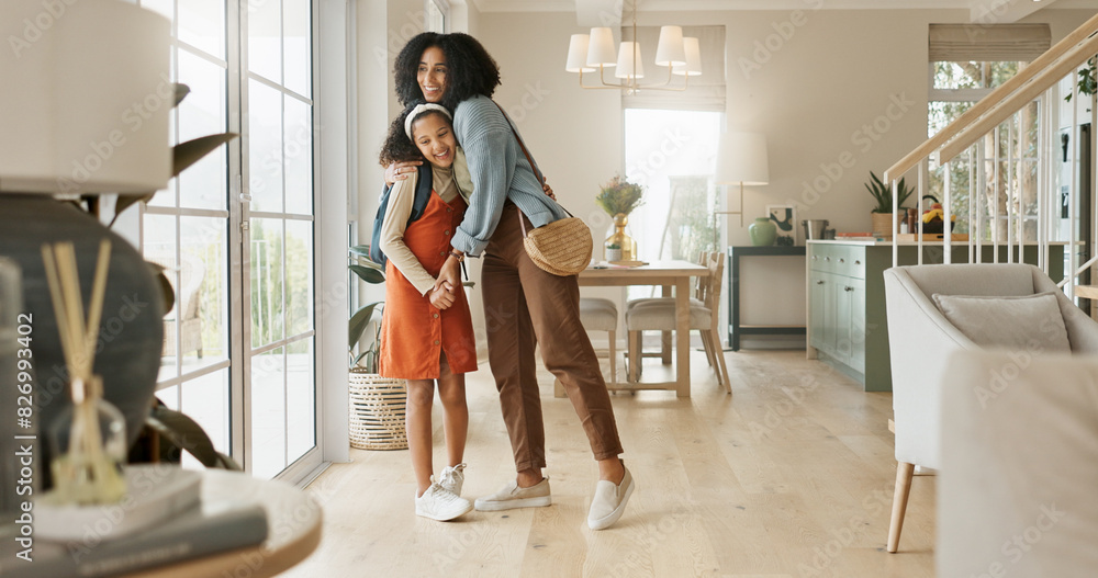 Wall mural Mother, child and hug student in home or before school day in morning, connection or backpack. Woman, daughter and leaving goodbye or comfort trust in apartment or parenting, embrace or kindergarten