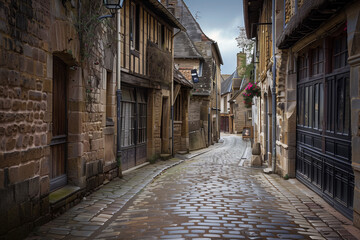 Fototapeta premium Charming cobblestone street in medieval European town.