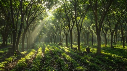 Obraz premium Luminous Rubber Plantation: Sunlight Filtered through Rows of Latex-Dripping Trees