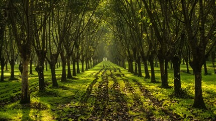 Morning Light on a Productive Rubber Tree Plantation: A Symphony of Uniformity and Sustainable
