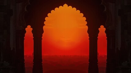 silhouette of ancient indian archway against vivid evening sky