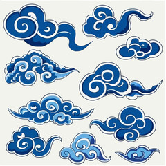 The clouds ,blue and white art, object isolated, different template for design. Traditional asian auspicious symbols. Vector set .