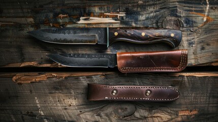 Handcrafted hunting knife with a leather cover displayed against a wooden backdrop