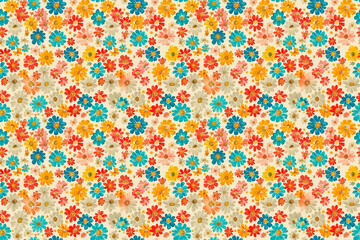 A colorful floral pattern with yellow, blue, and pink flowers