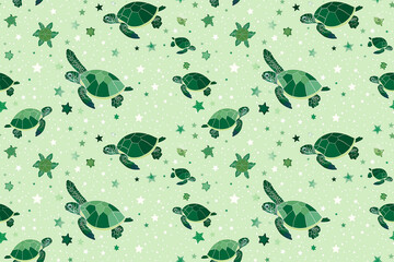 A green turtle with a star on its shell is surrounded by other turtles and stars