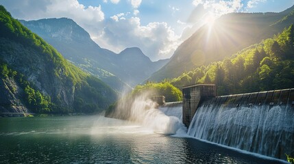 Dam with water gushing out, the sun shining on mountains in the background. A photographic photo of...