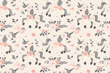 A pattern of unicorns and flowers on a white background