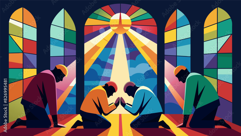 Poster sunlight streaming through stained glass windows casting colorful patterns on the men as they bow th