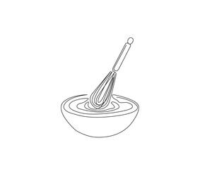Continuous one line drawing of balloon Whisk and bowl. Balloon Whisk in a bowl simple outline vector illustration. Editable stroke.