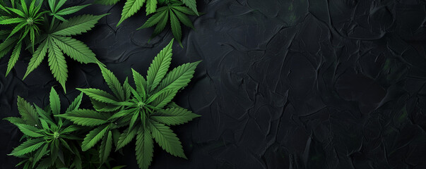 marijuana plants on black background with space for text in banner format 