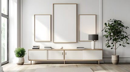 Three modeled posters are framed on a wall in a contemporary living area. a cabinet with a bookshelf lamp. Nordic design. rendering in three dimensions.
