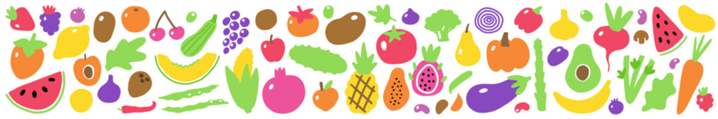 Vector horizontal collection of vegetables and fruits, hand-drawn in doodle style