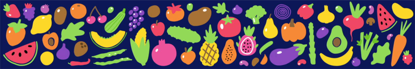 Vector horizontal collection of vegetables and fruits, hand-drawn in doodle style