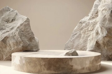 Stone podium for display product. Background for cosmetic product branding, identity and packaging. generative ai.