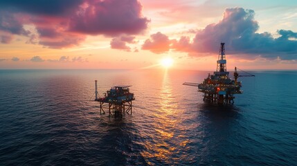 Aerial view of an offshore oil rig at sunset