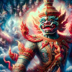 Naklejka premium Thai-style giant image of Thao Wesuwan wearing sacred robes. Expressing ferocity and fearsomeness The background should be reminiscent of the heavenly kingdom. It adds to the essence of the mythical s