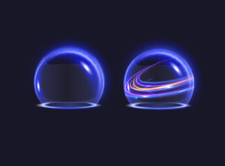 Sphere shield abstract energy protection spheres. Force field globe shell. Dome barrier technology vector set.