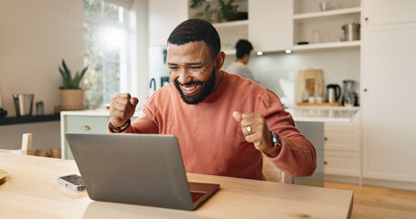 Man, happy and celebration in home with laptop for winning or success, personal achievement and good news of recruitment. Person, house and technology with cheer for prize giveaway and promotion.