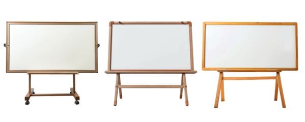 isolated blank whiteboard wooden frame png in pack of three