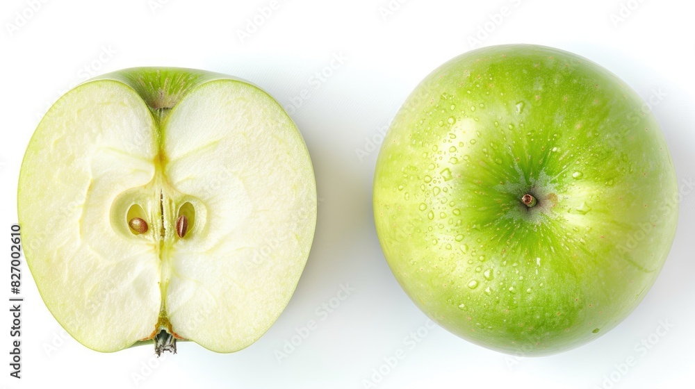 Poster isolated green apple cross section on white background with clipping path aerial view flat lay
