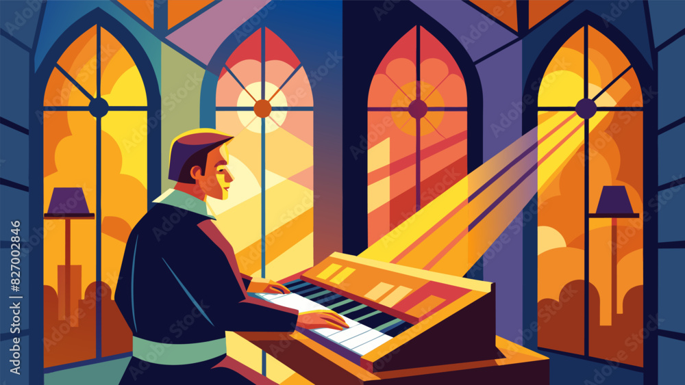Poster sunlight filters through the stained glass windows casting a warm glow on the organist as they pract