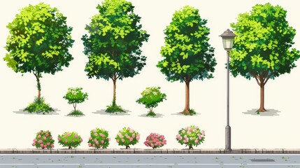 Obraz premium Green space illustration collection. 8 bit garden on white background.