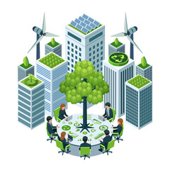 Isometric Sustainable Business Meeting Surrounded by Eco-Friendly Urban Buildings