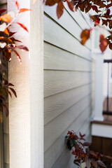 Close-up of a house corner with light grey siding and autumn leaves. The texture of the siding and the play of light create a warm and inviting atmosphere.