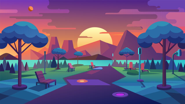 As the sun sets in the virtual world a tranquil park is lit up with colourful lights for a community fitness event where VR users can unwind and. Vector illustration