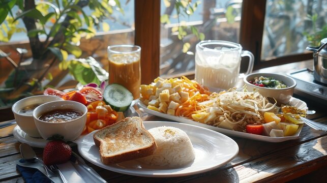 Breakfast in Hotel Vegetable Salad Toast Jam Rice and Chinese Noodles Ready for Enjoyment