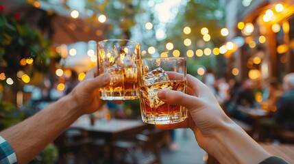 Friends toasting glasses of whisky in a festive outdoor setting with warm lights, celebrating a special occasion in the evening.