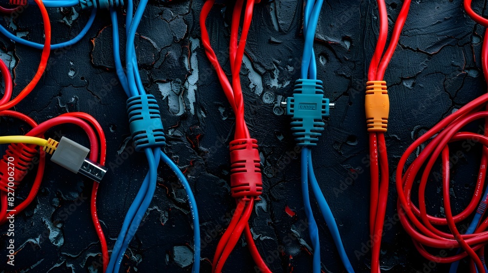 Poster tangled cables and wires forming digital connection technology network background