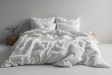 comfortable bed, white sheets and pillows in a room, featuring flooring and a rectangular bed frame