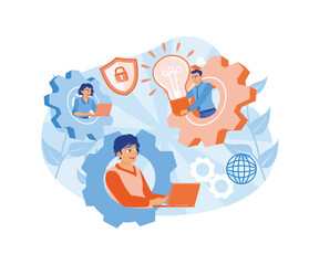 People work in outsourcing companies. Company development and strategy and business planning. Outsourcing concept. Flat vector illustration.