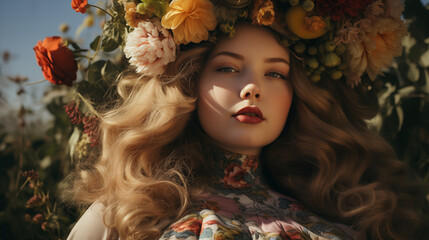 European woman with flower meadow background. European person, Caucasian female blossom field