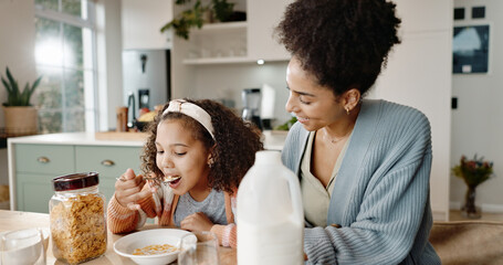 Mother, child and breakfast cereal in kitchen for healthy nutrition with calcium milk, eating or...